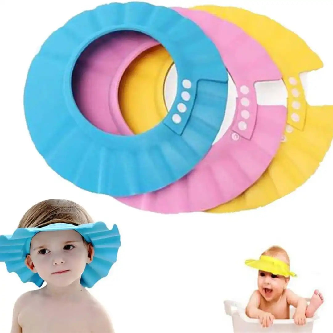 427-7: Blue, pink and yellow shower visors with children demonstrating how they are worn.