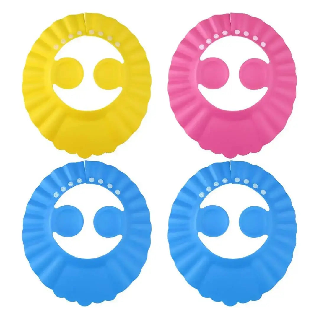 427-7: Yellow, pink and blue shower visors laid flat with ear covers and fastening holes.