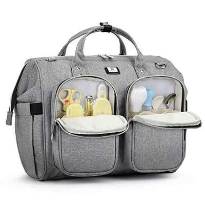 Grey diaper bag with an open front pocket holding bottles and baby essentials.
