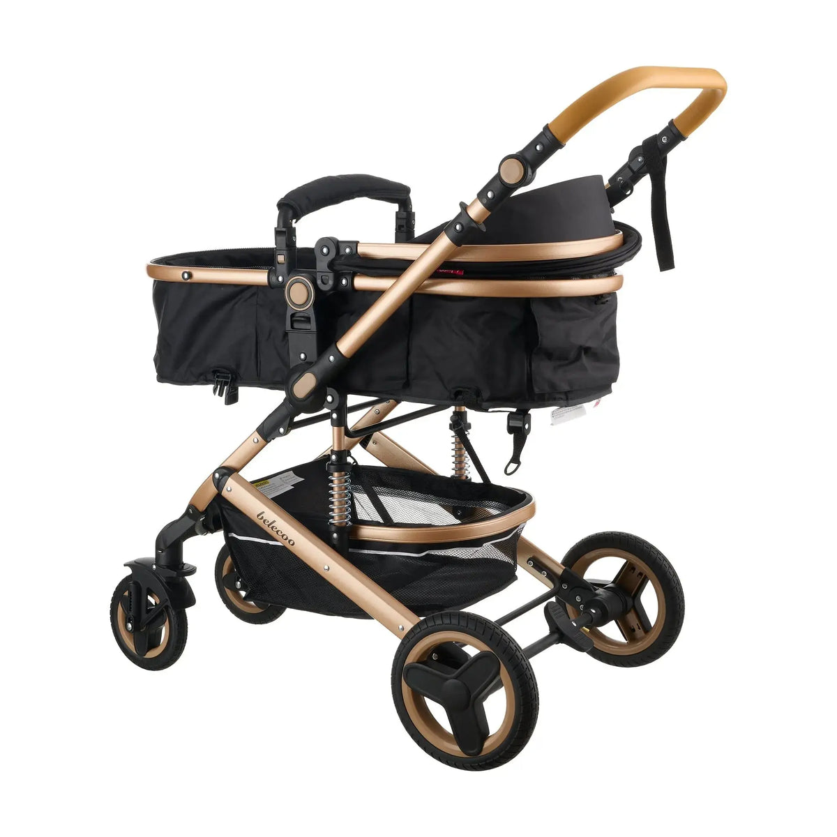 Belecoo 530W: black carrycot from the side with canopy folded back.