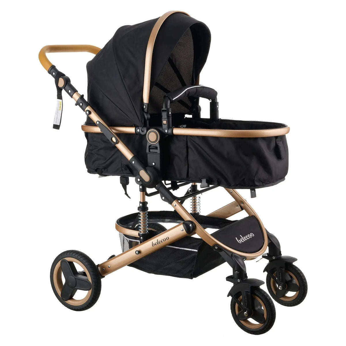 Belecoo 530W: black carrycot three-quarter view with raised canopy and storage basket.