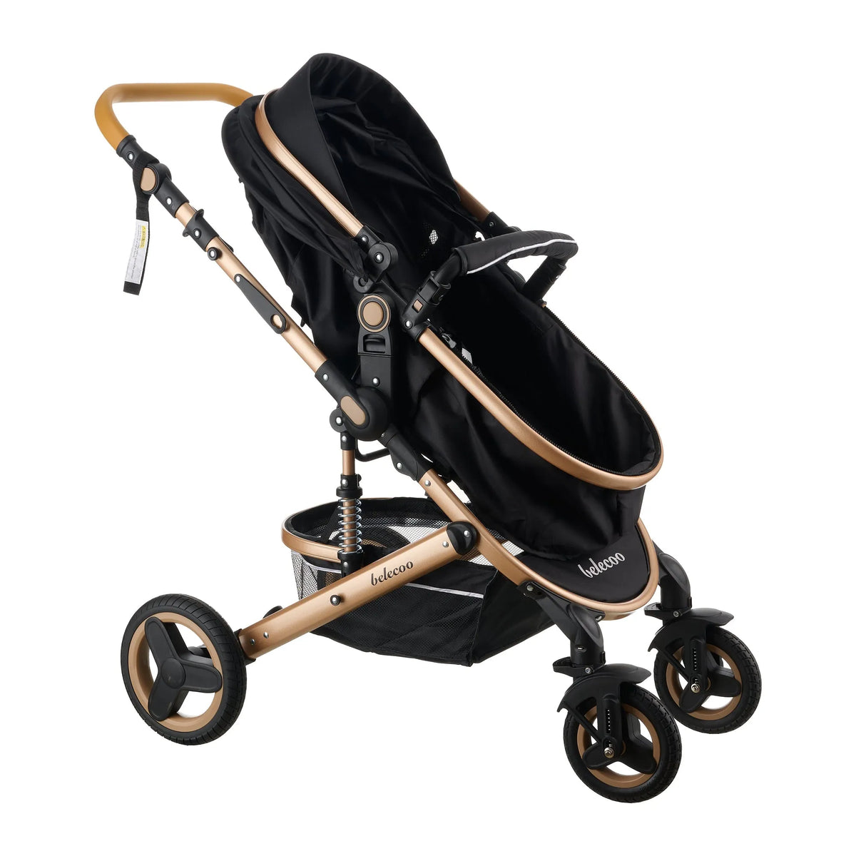 Belecoo 530W: black seat mode with canopy folded back and gold frame.