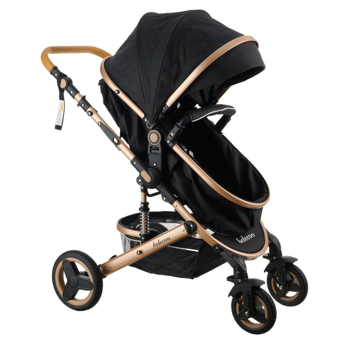 Belecoo 530W: black seat mode with extended canopy and front swivel wheels.