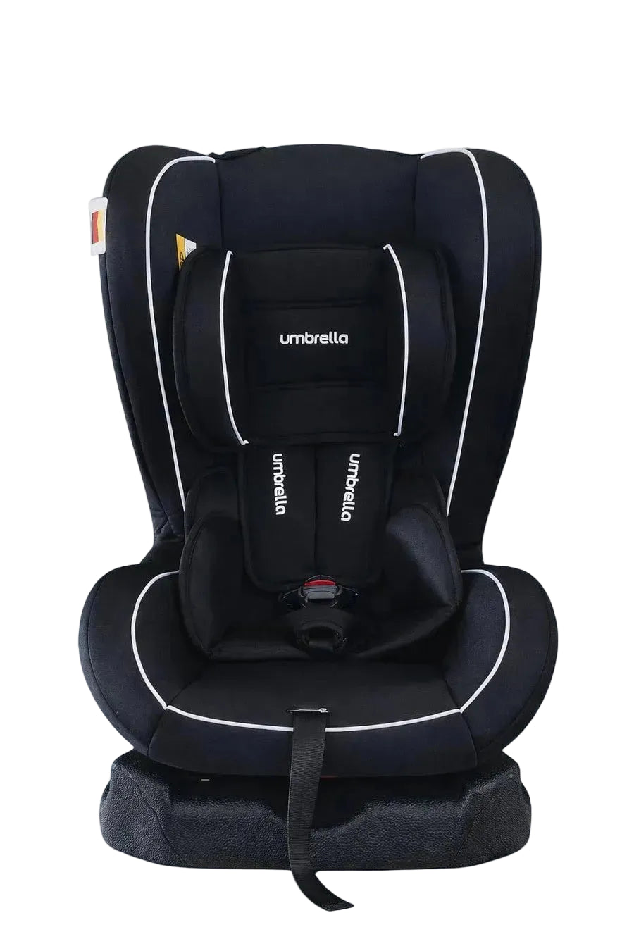 Black Umbrella child car seat with white piping and padded harness, front view