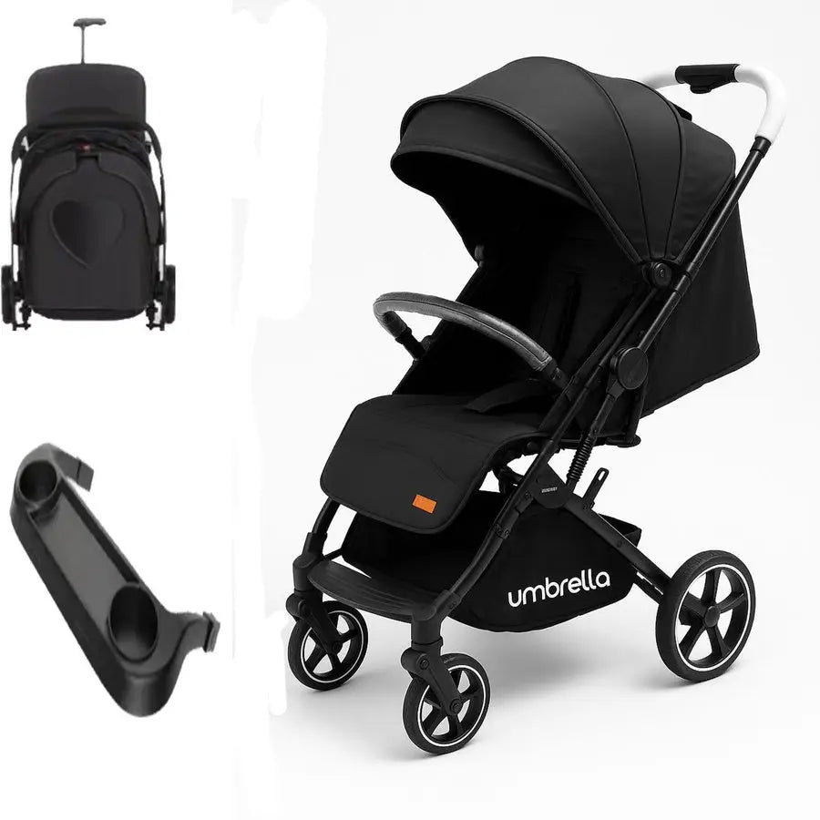 Black Umbrella X8 Pro collage showing open stroller, folded frame and pull handle