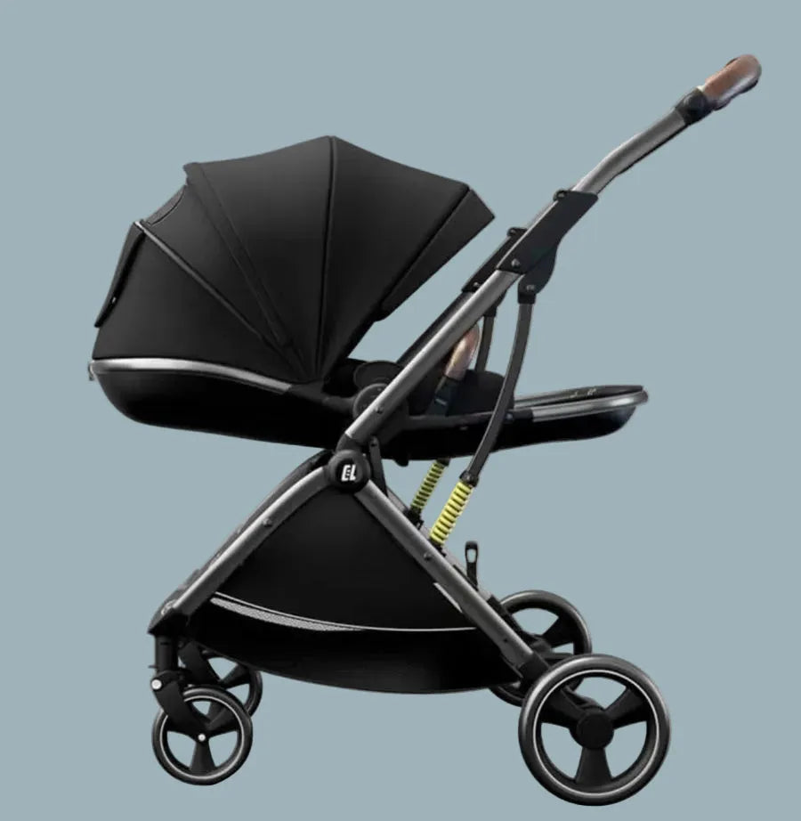 Black Umbrella X9 stroller with covered seat, side view