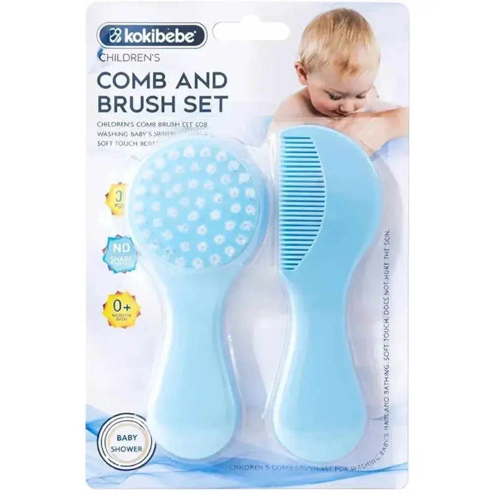 Blue baby hairbrush and comb pack in branded packaging