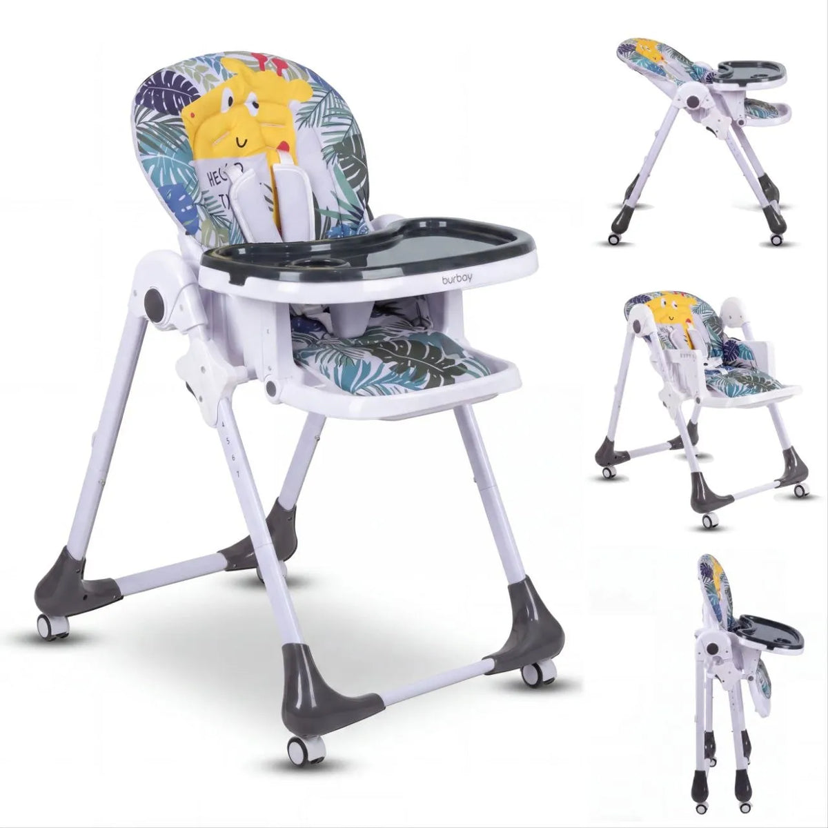 Burbay AG032: giraffe-print high chair collage with white frame, tray and folded position.