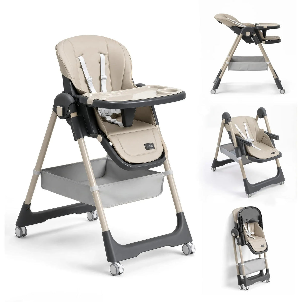 Burbay AG8055: beige high chair collage showing tray, reclined seat and folded frame.