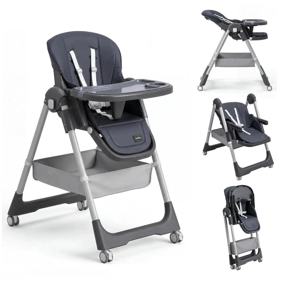 Burbay AG8055: dark grey high chair collage with silver-coloured legs and lower basket.