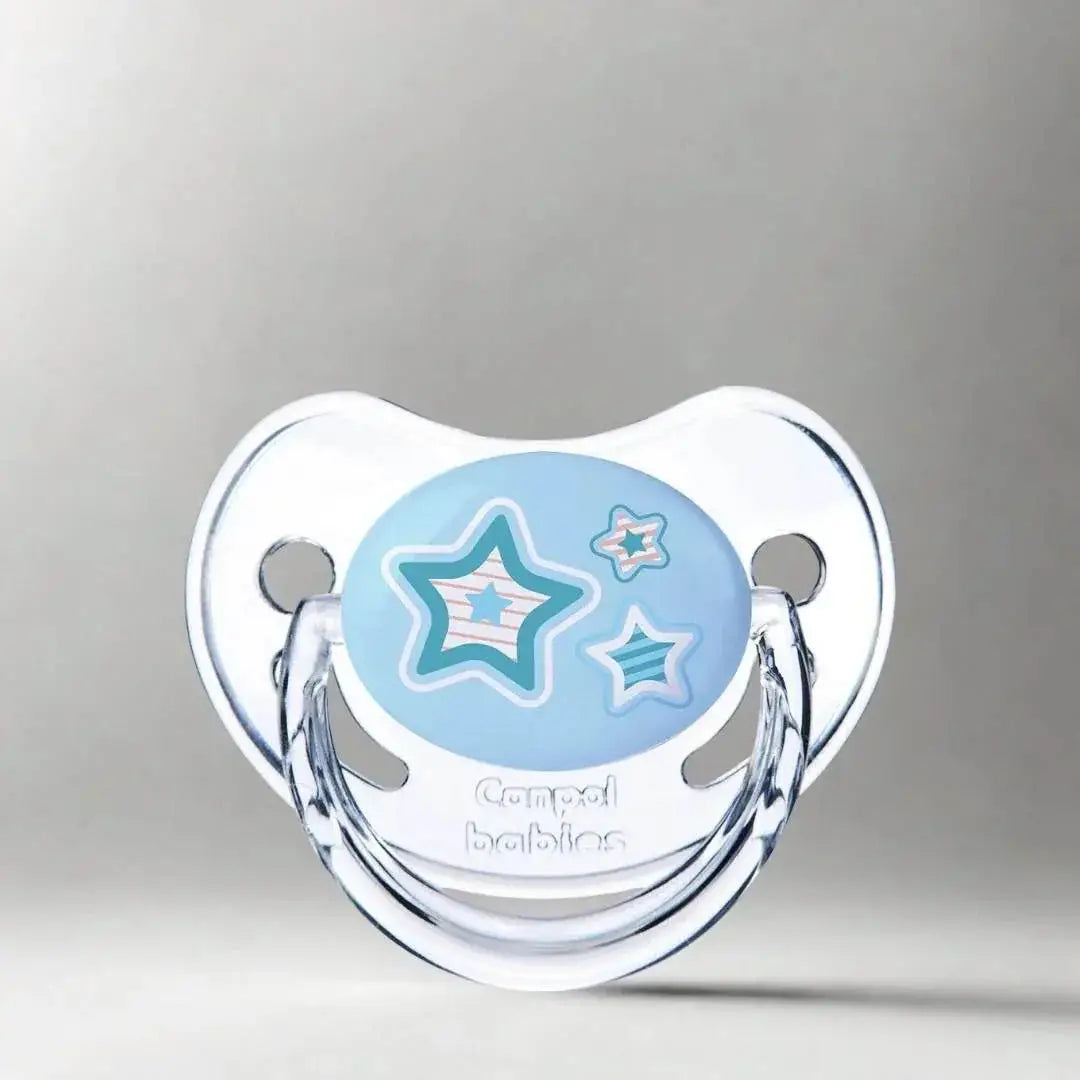 Canpol Babies Cherry Silicone Soother with Cap – transparent cherry soother with blue star-decorated centre and ring handle