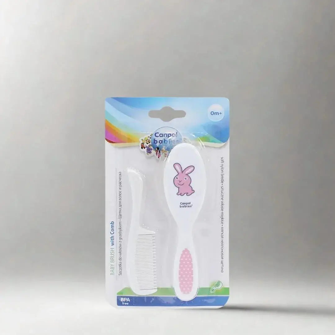Canpol Babies Hair Brush & Comb Set – pink hairbrush-and-comb retail pack with rabbit illustration