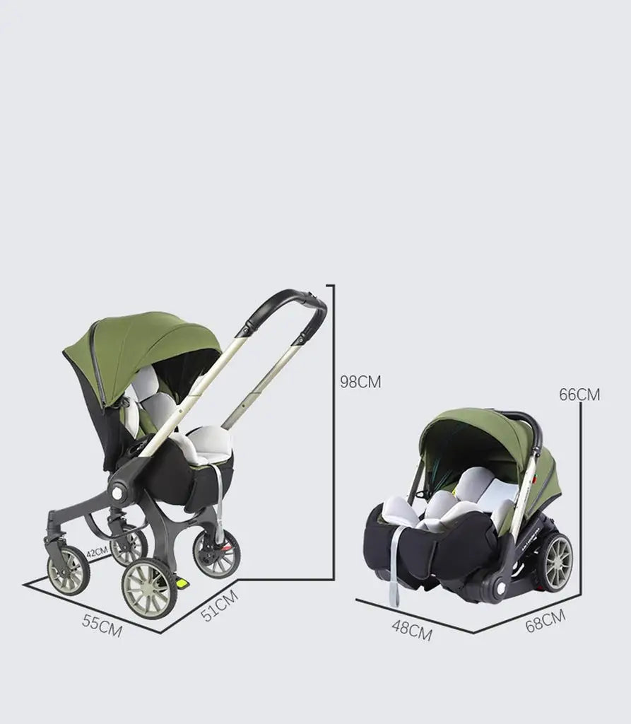 Green Umbrella X Plus stroller and carrier dimension diagrams