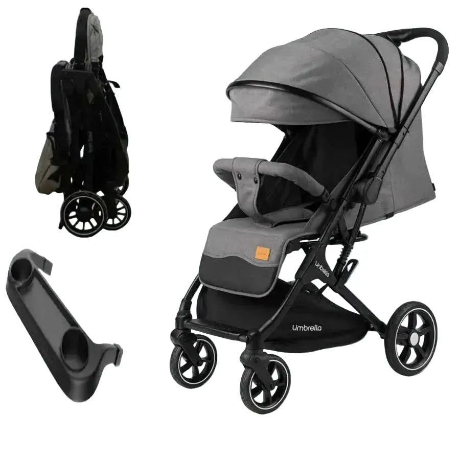 Grey Umbrella X8 Pro collage showing stroller, folded frame and trolley mode