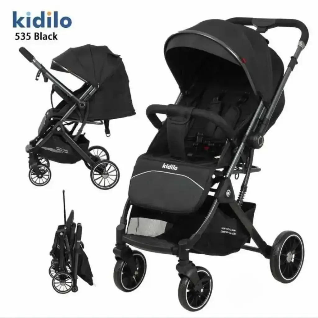 Kidilo 535: black stroller collage with open, side and folded views, canopy and basket.