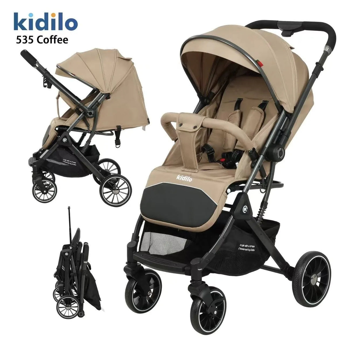 Kidilo 535، عربة بلون القهوة في صور للوضع المفتوح والجانبي والمطوي مع مظلة وسلة.