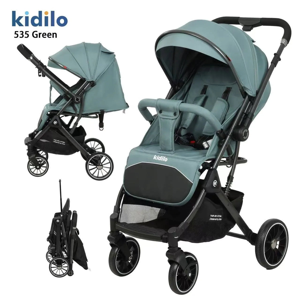 Kidilo 535، عربة خضراء في صور للوضع المفتوح والجانبي والمطوي مع مظلة وسلة.