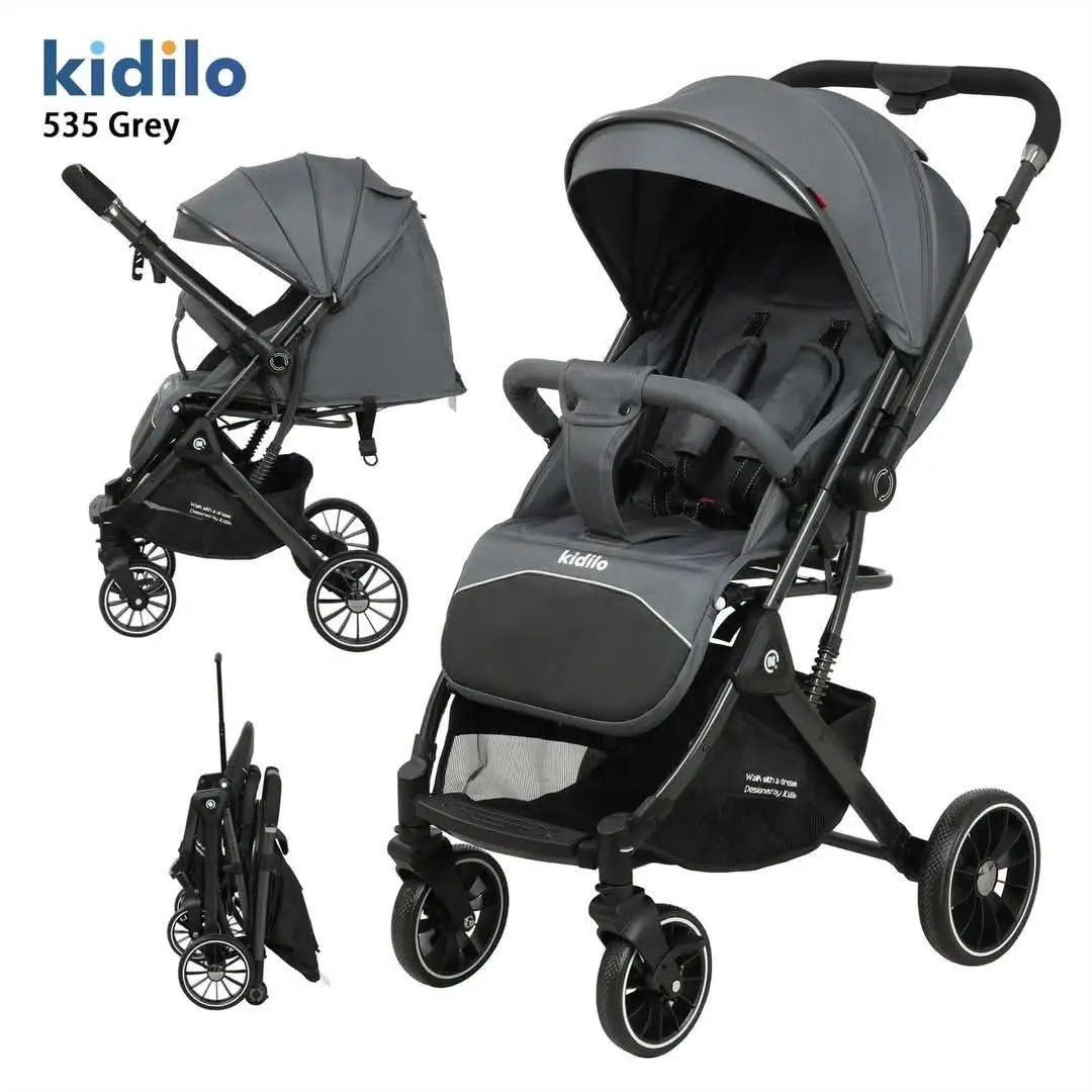 Kidilo 535: grey stroller collage with open, side and folded views, canopy and basket.