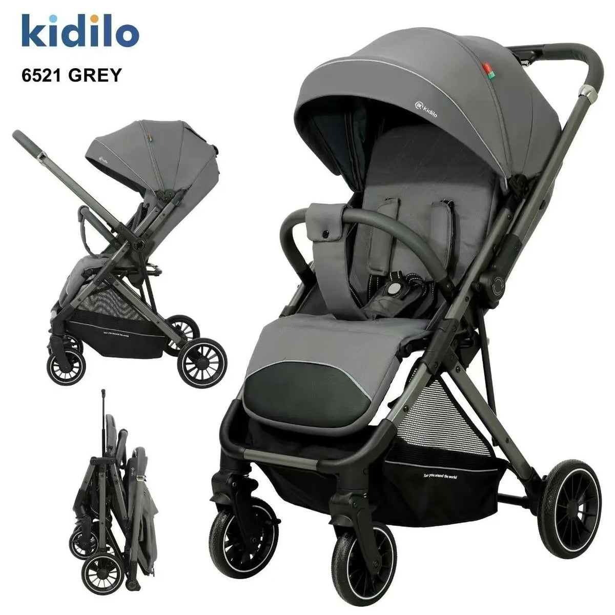 Kidilo 6521 grey stroller collage with open front and side views and an inset showing the stroller folded.