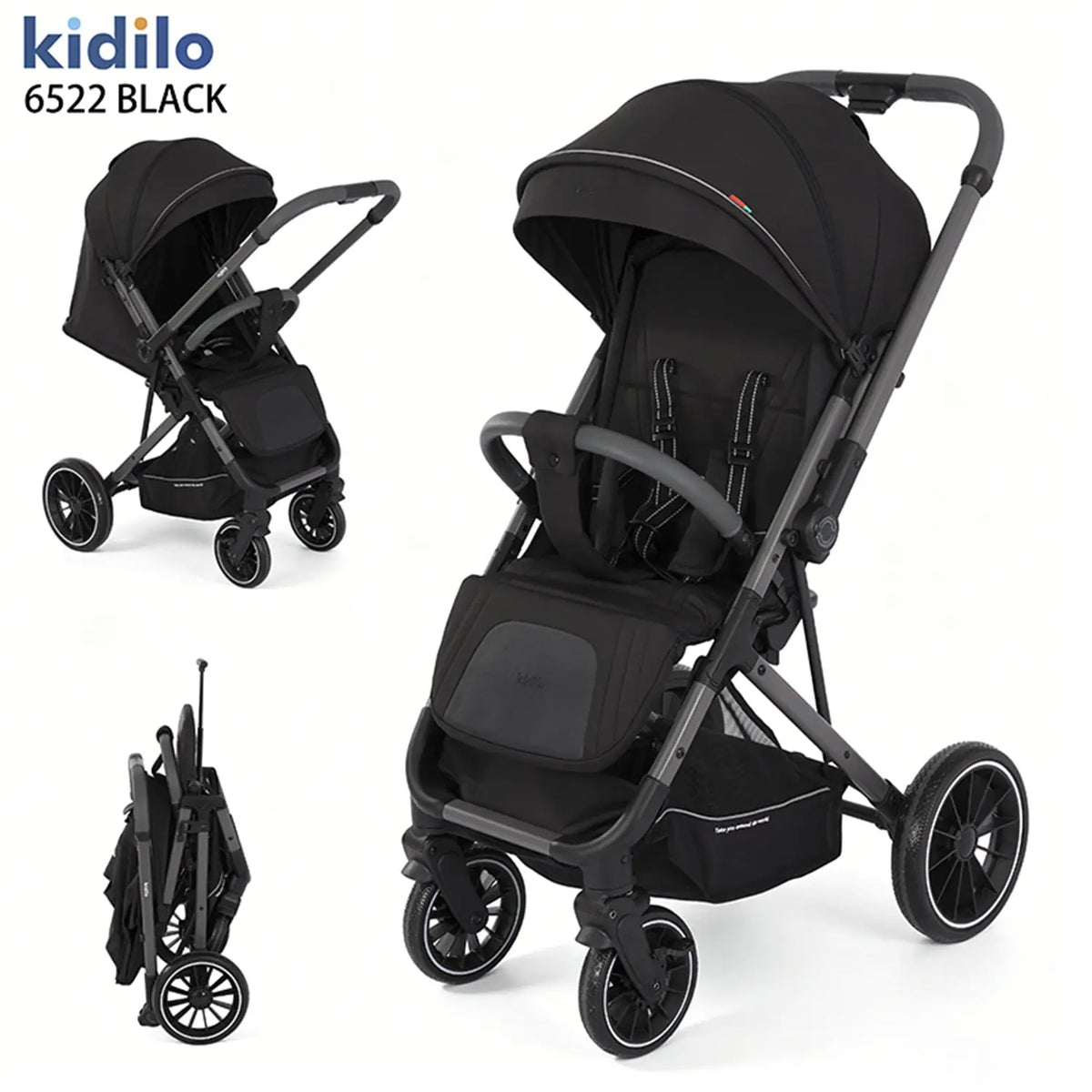 Kidilo 6522 black stroller collage with front and rear angled views, canopy, storage basket and folded frame.