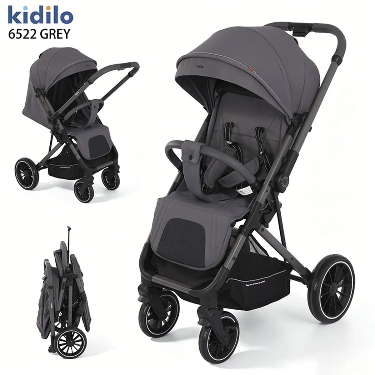Kidilo 6522 grey stroller collage showing open front and rear three-quarter views, plus the folded frame.
