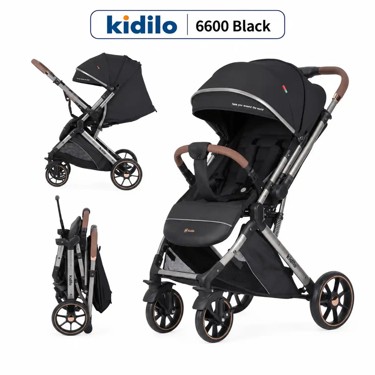 Kidilo 6600، عربة سوداء في صور للوضع المفتوح والجانبي والمطوي مع مقبض بني.