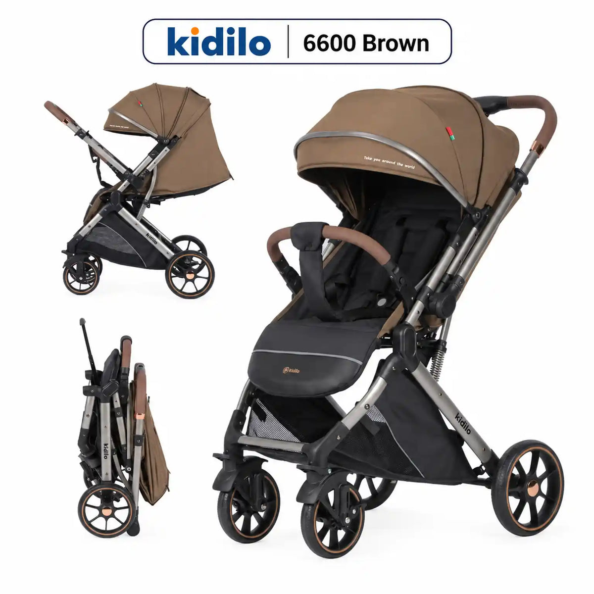 Kidilo 6600، عربة بنية في صور للوضع المفتوح والجانبي والمطوي مع مقبض بني.