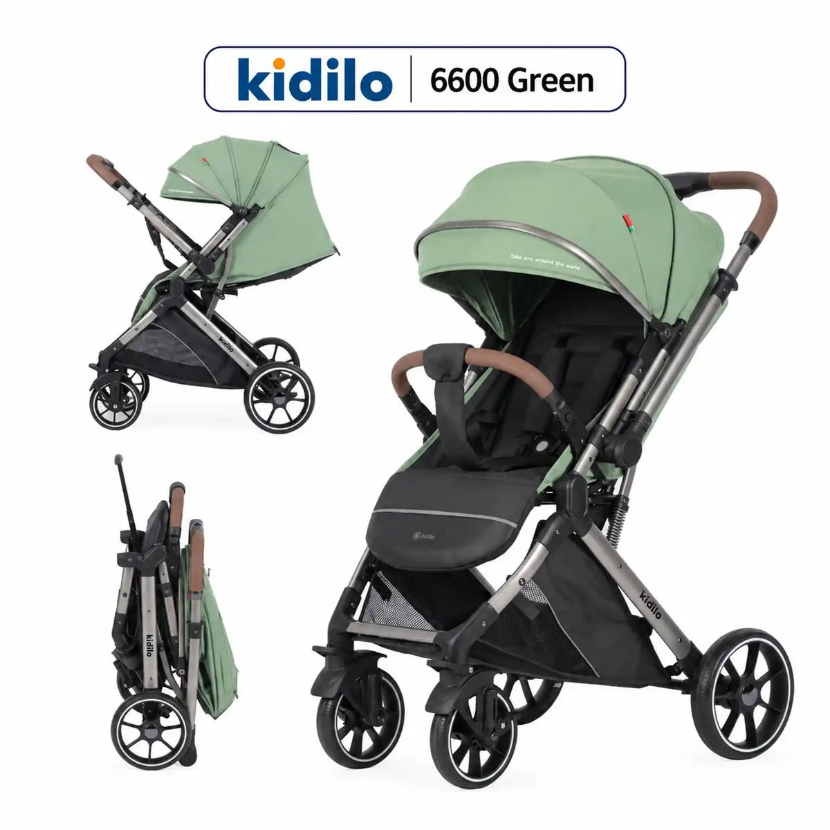 Kidilo 6600، عربة خضراء في صور للوضع المفتوح والجانبي والمطوي مع مقبض بني.