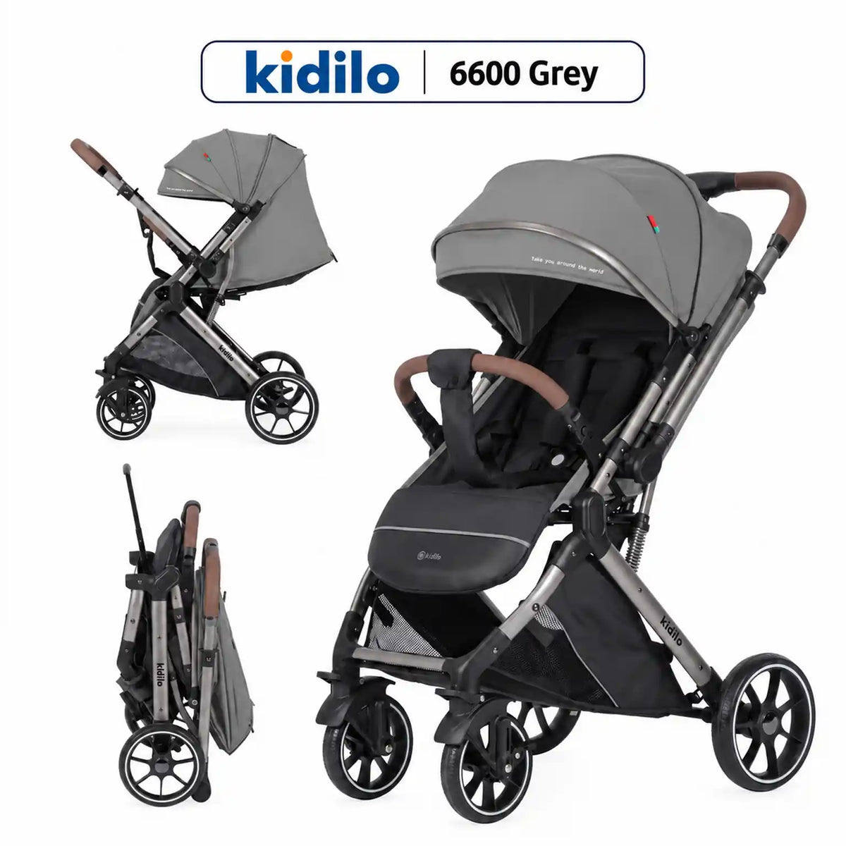 Kidilo 6600، عربة رمادية في صور للوضع المفتوح والجانبي والمطوي مع مقبض بني.