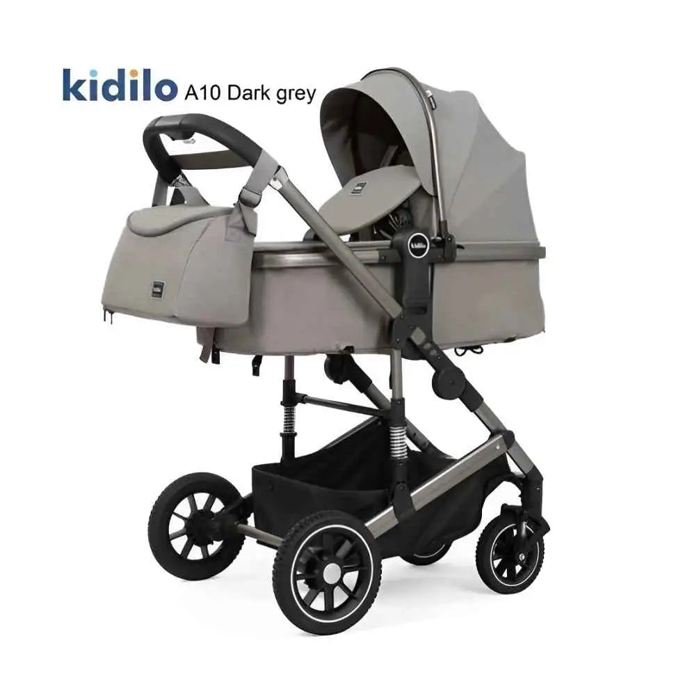 Kidilo A10 grey carrycot stroller with matching bag, raised canopy, foot cover and dark grey frame.