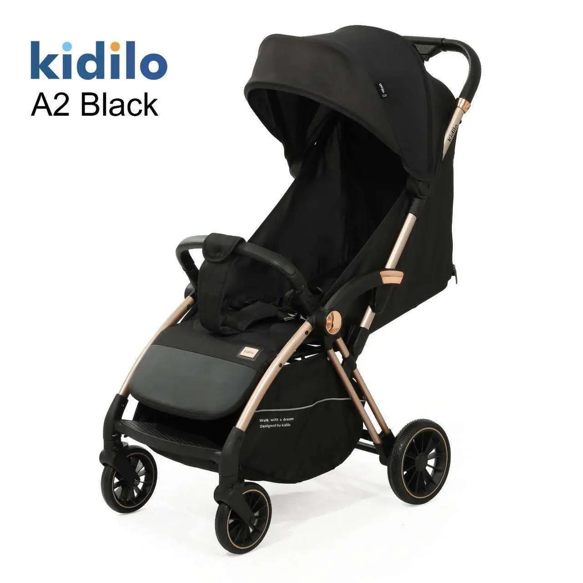 Kidilo A2: Black stroller in three-quarter view with canopy, front bar and rose-gold-toned frame.