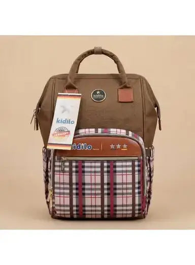 Kidilo Brown Plaid: brown front view against beige showing plaid front compartment.