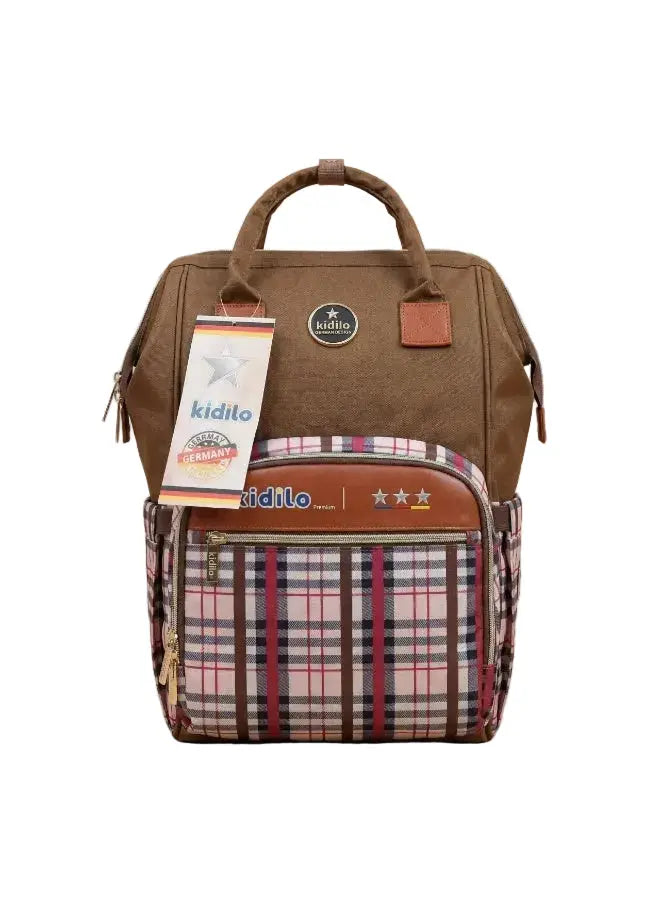 Kidilo Brown Plaid: brown front view with plaid pocket, top handles and product tag.