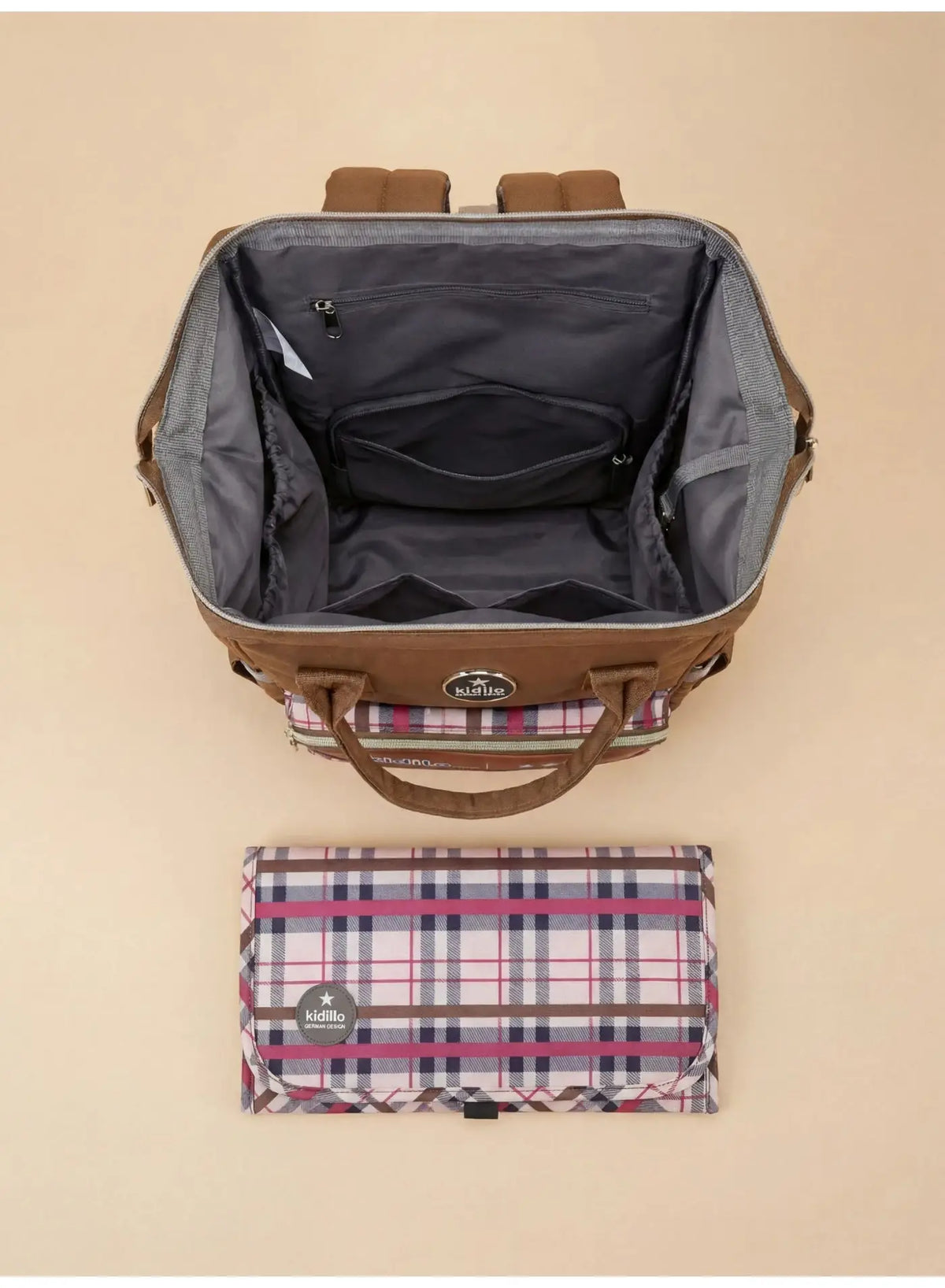 Kidilo Brown Plaid: brown open top view with grey interior and plaid changing mat.