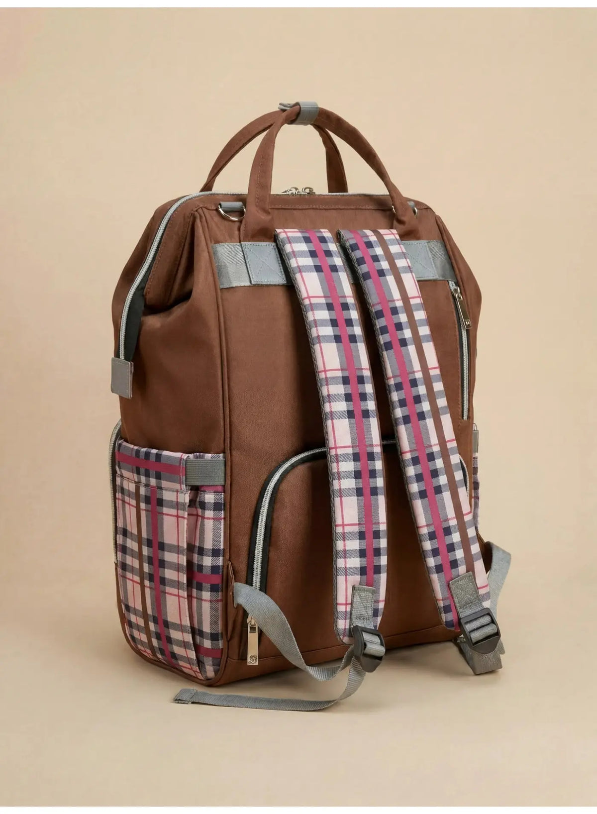 Kidilo Brown Plaid: brown rear angle with plaid straps and side pocket.