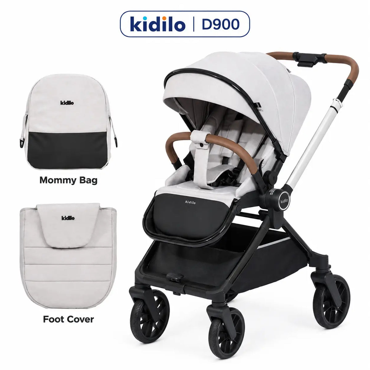 Kidilo D900: Light grey stroller in three-quarter view beside matching bag and leg cover.