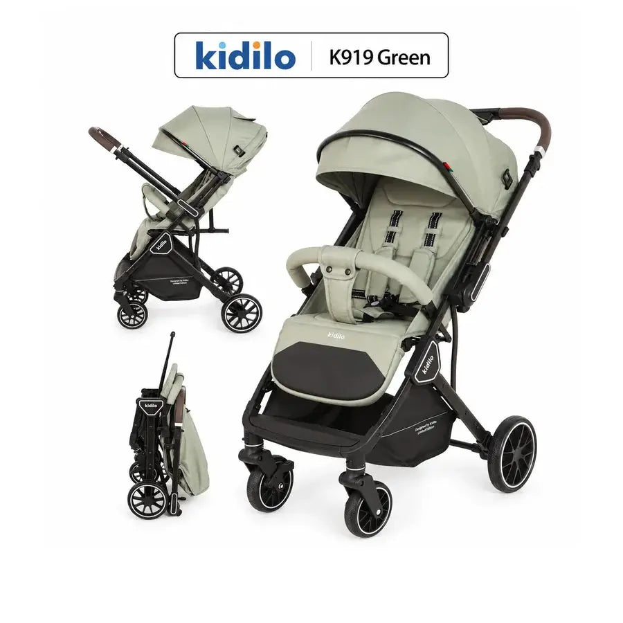 Kidilo K919 green stroller with black frame, shown open from two angles and folded upright beside the main view.