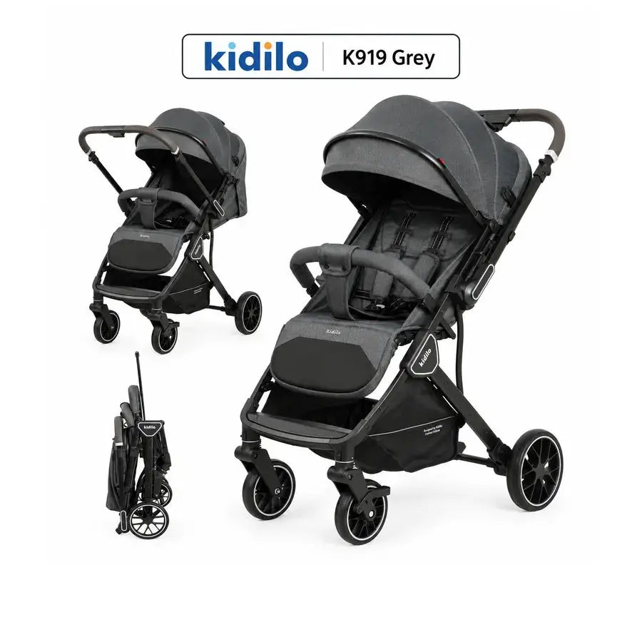 Kidilo K919 grey stroller collage with front and rear angled views, padded seat, canopy and folded frame.