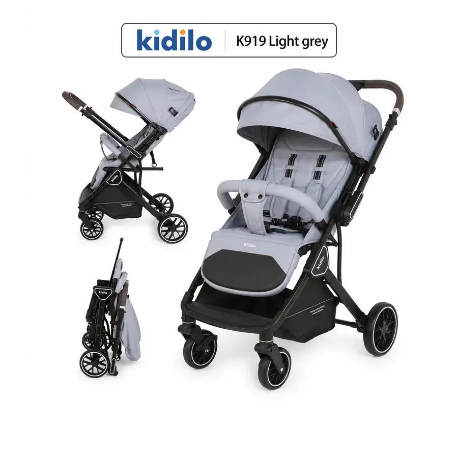 Kidilo K919 light grey stroller collage showing canopy, harness, black basket and folded storage configuration.