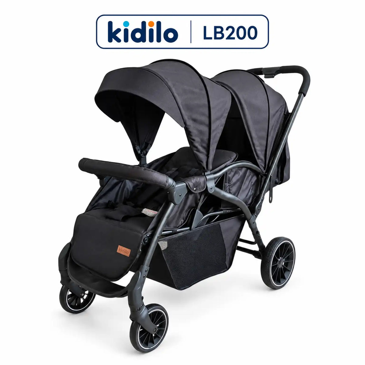 Kidilo LB200 black tandem stroller, three-quarter front view with two canopies, front bumper bar and large mesh basket.