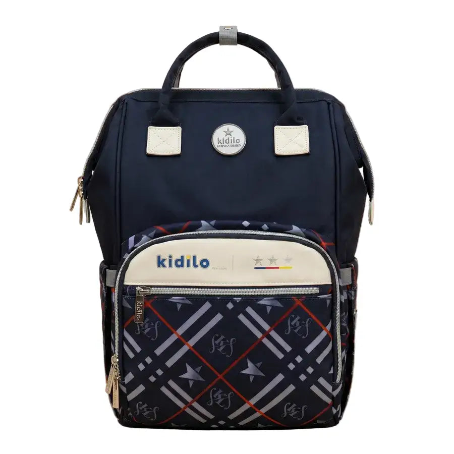 Kidilo Plaid-Print: black front view with plaid pocket and cream logo panel.