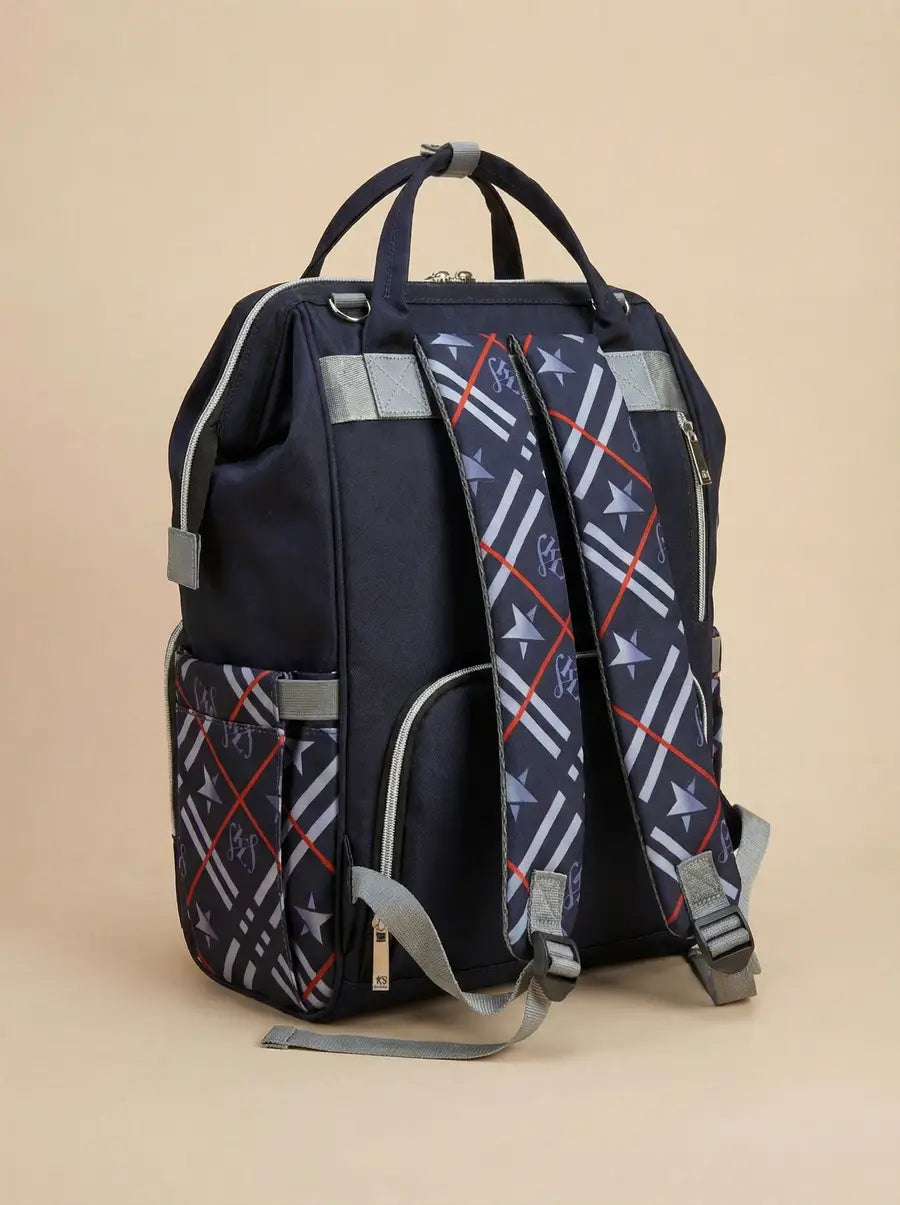 Kidilo Plaid-Print: black rear angle showing plaid straps and grey buckles.