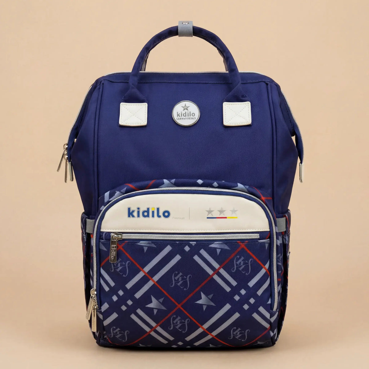 Kidilo Plaid-Print: blue front view against beige with plaid front compartment.