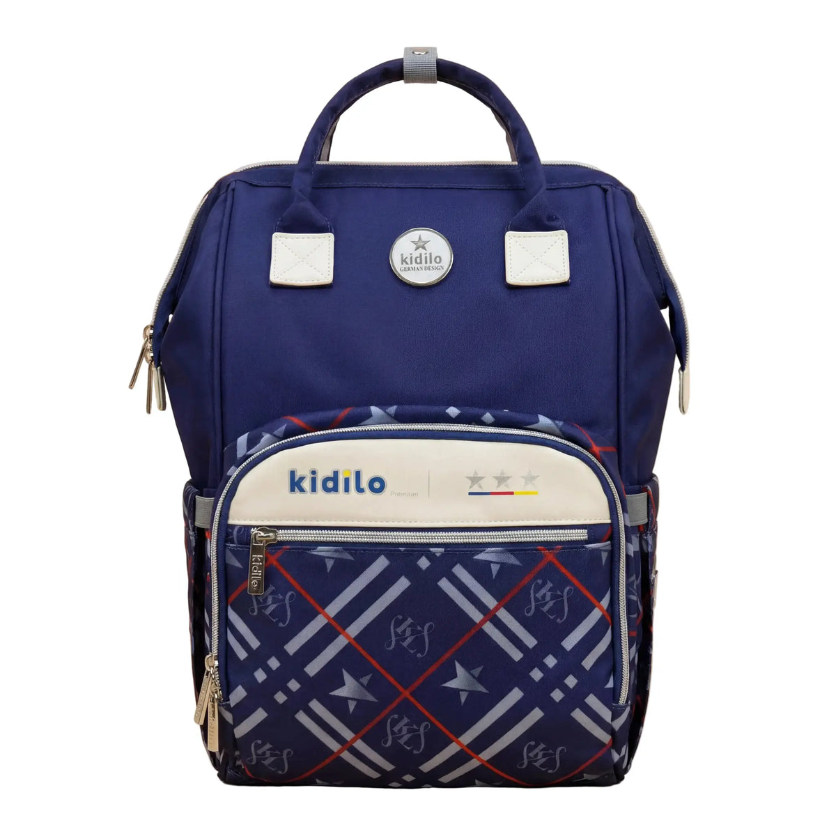 Kidilo Plaid-Print: blue front view with plaid pocket and cream logo panel.