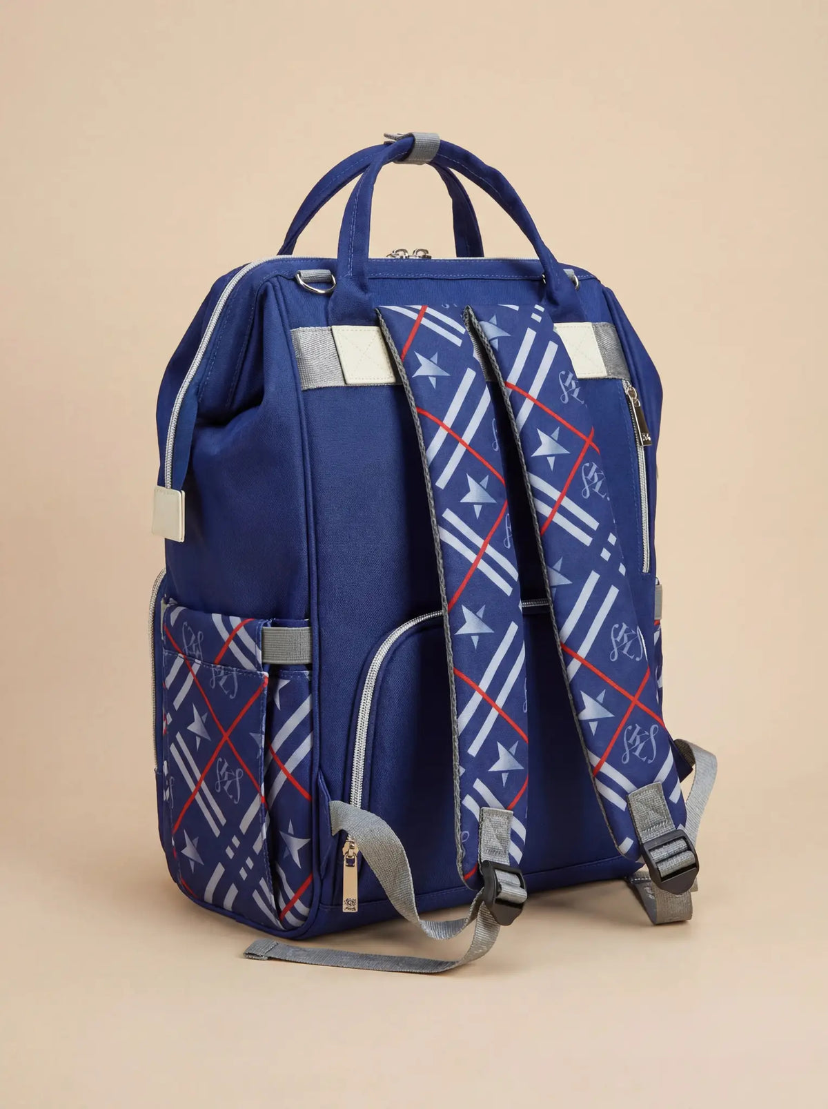 Kidilo Plaid-Print: blue rear angle with plaid straps and side pocket.