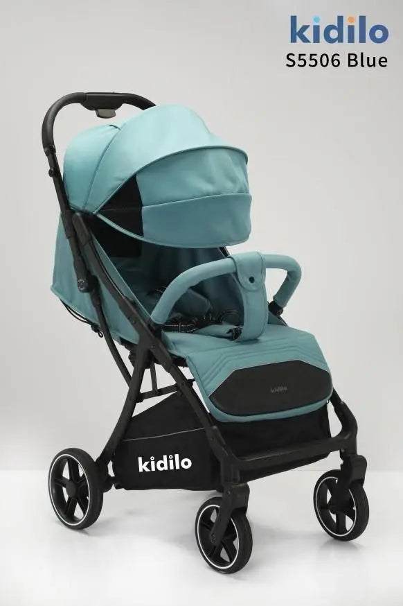 Kidilo S5506: Turquoise stroller in three-quarter view with canopy, padded front bar and black frame.