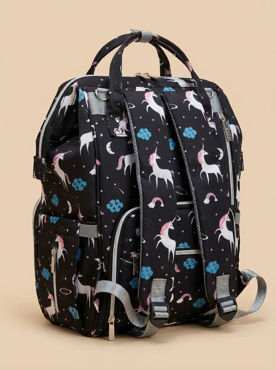 Kidilo Unicorn-Print: black rear angle with unicorn-print straps and grey buckles.