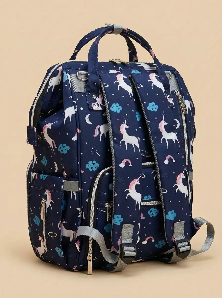 Kidilo Unicorn-Print: navy rear angle with padded straps and side pockets.
