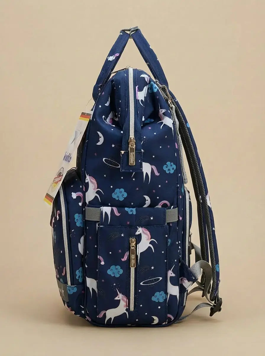 Kidilo Unicorn-Print: navy side profile with unicorn print and gold-coloured zips.
