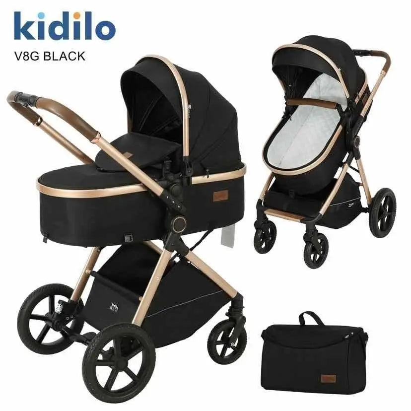 Kidilo V8G: black stroller collage with gold-coloured frame showing carrycot, seat with cover and matching bag.